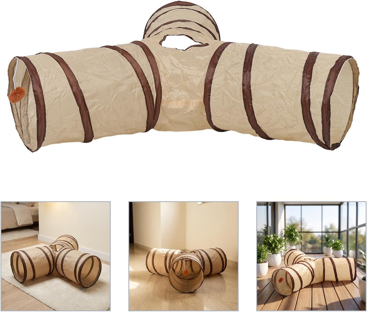 Collapsible Cat Play Tunnel Toy 3 Way 4 Hole Beige Polyester