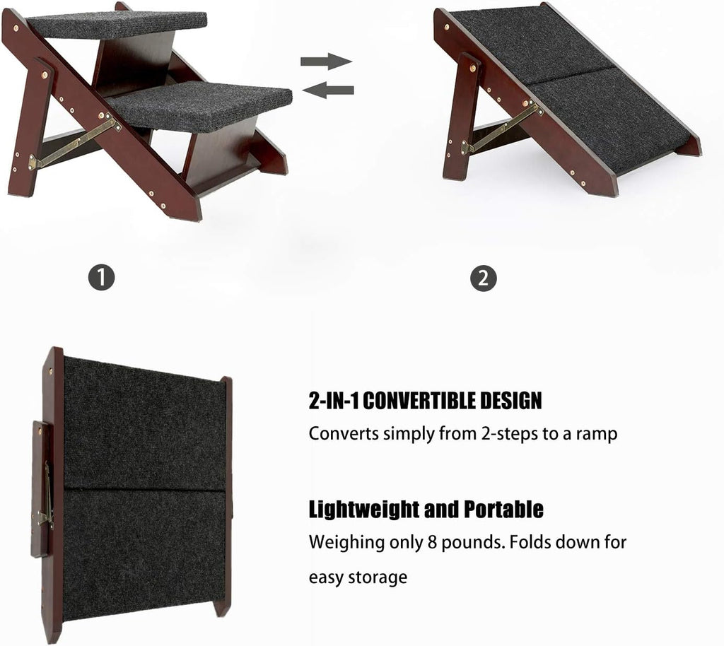 MEWANG Wooden Pet Stairs - 2 Step Foldable Ramp for Senior Dogs & Cats