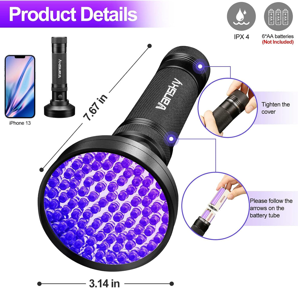 Vansky Black Light UV Flashlights, Ultra Bright 100 LED 395nm Ultraviolet Blacklight Detector for Dog Cat Pet Urine, Dry