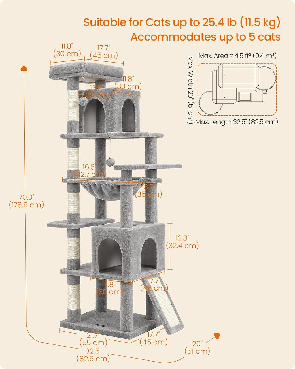 Feandrea Cat Tree, 70.3" Heavy Duty Cat Tower Condo for Indoors, Dove Gray