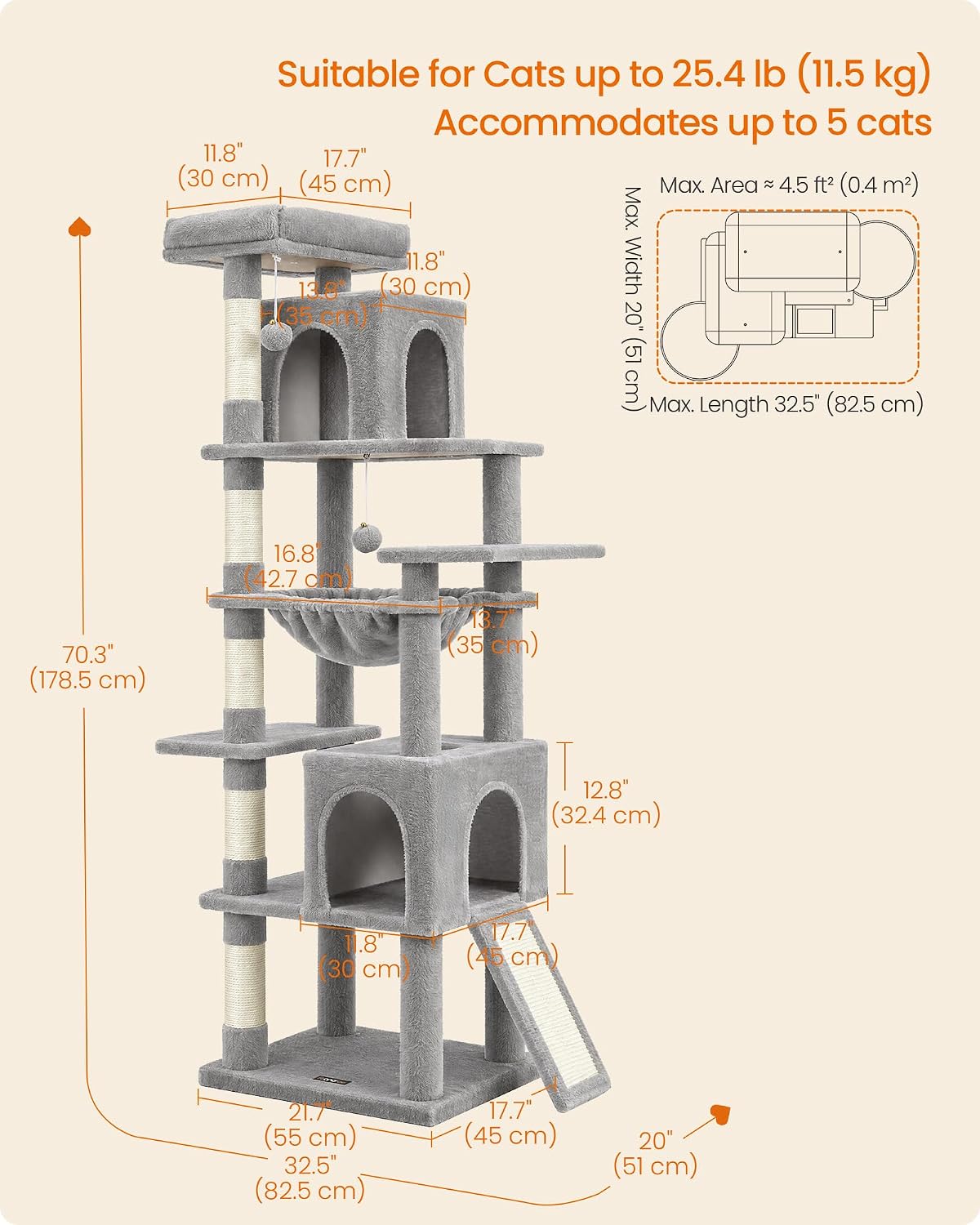 Feandrea Cat Tree, 70.3" Heavy Duty Cat Tower Condo for Indoors, Dove Gray