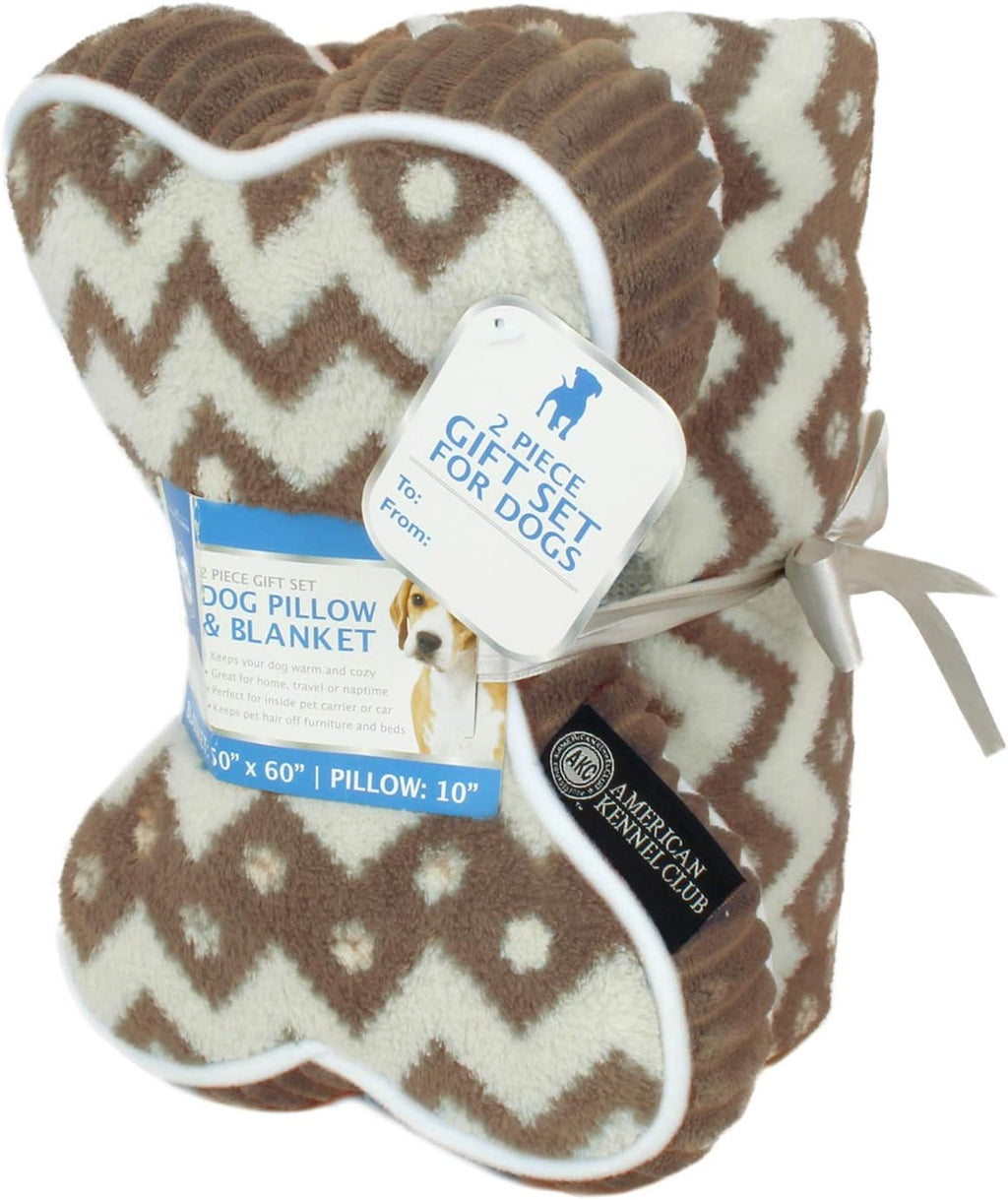 American Kennel Club 60''x50'' Pet Blanket & 10'' Pillow Set, Warm Plush Blanket for Dogs & Cats - Paw Print - Brown