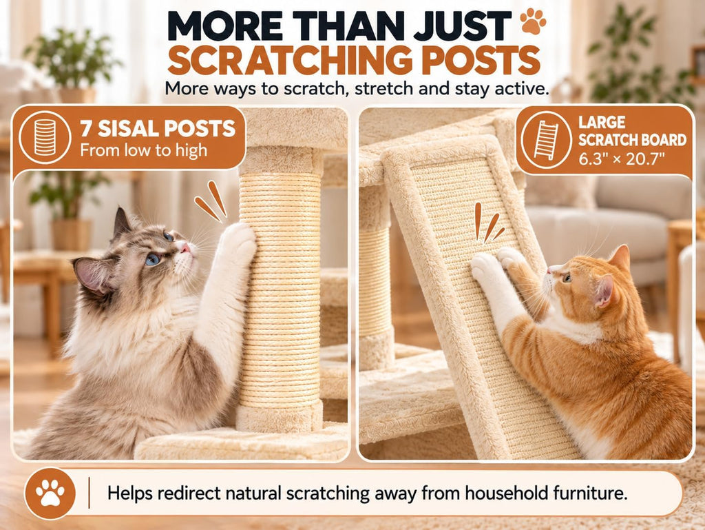 66" Tall Cat Tree Tower with Scratch Board, 3 Perches, Beige