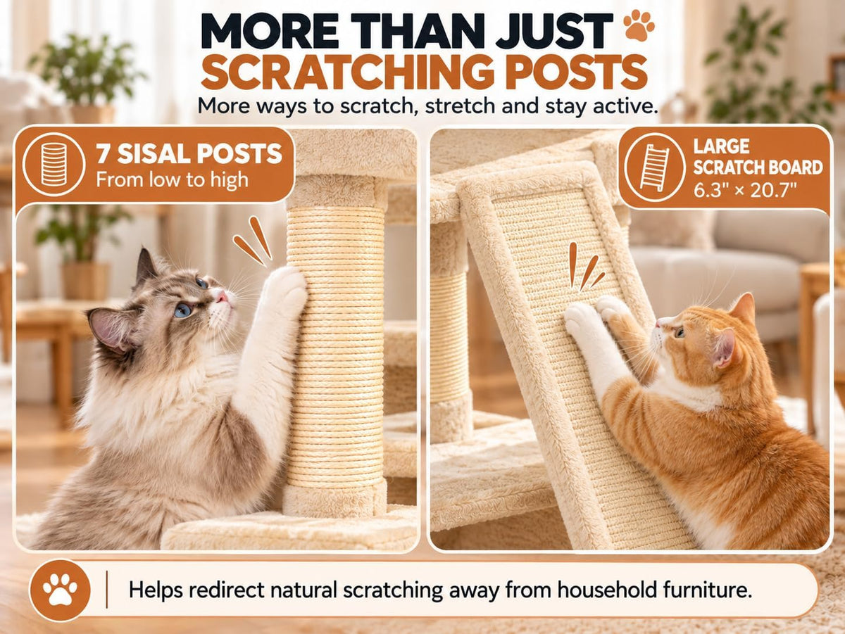 66" Tall Cat Tree Tower with Scratch Board, 3 Perches, Beige