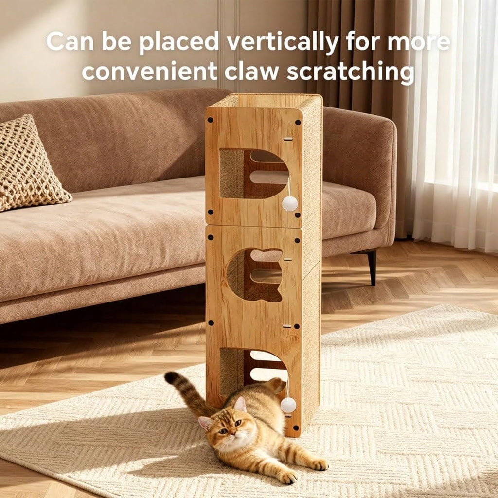 Cat Scratcher Bed, Wooden Extra Long 100cm Tunnel Hideout with Play