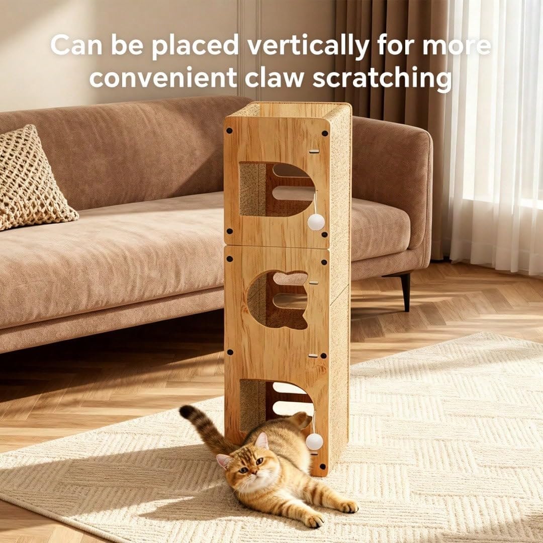 Cat Scratcher Bed, Wooden Extra Long 100cm Tunnel Hideout with Play