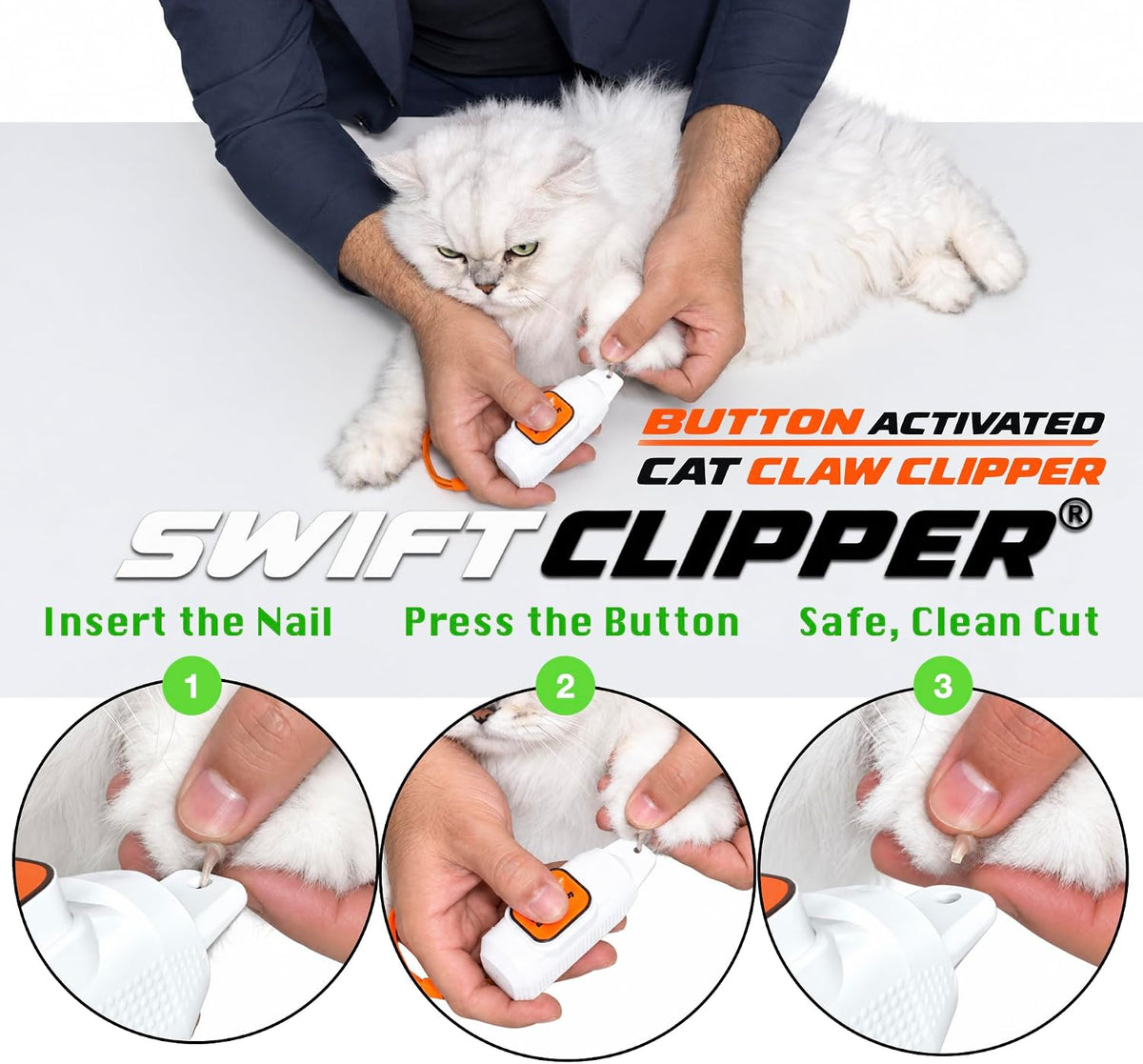 SWIFT CLIPPER® Safe Push-Button Cat Claw Clipper for Cats & Small Pets, Circular Cut Hole, Stainless Steel Clipping Head