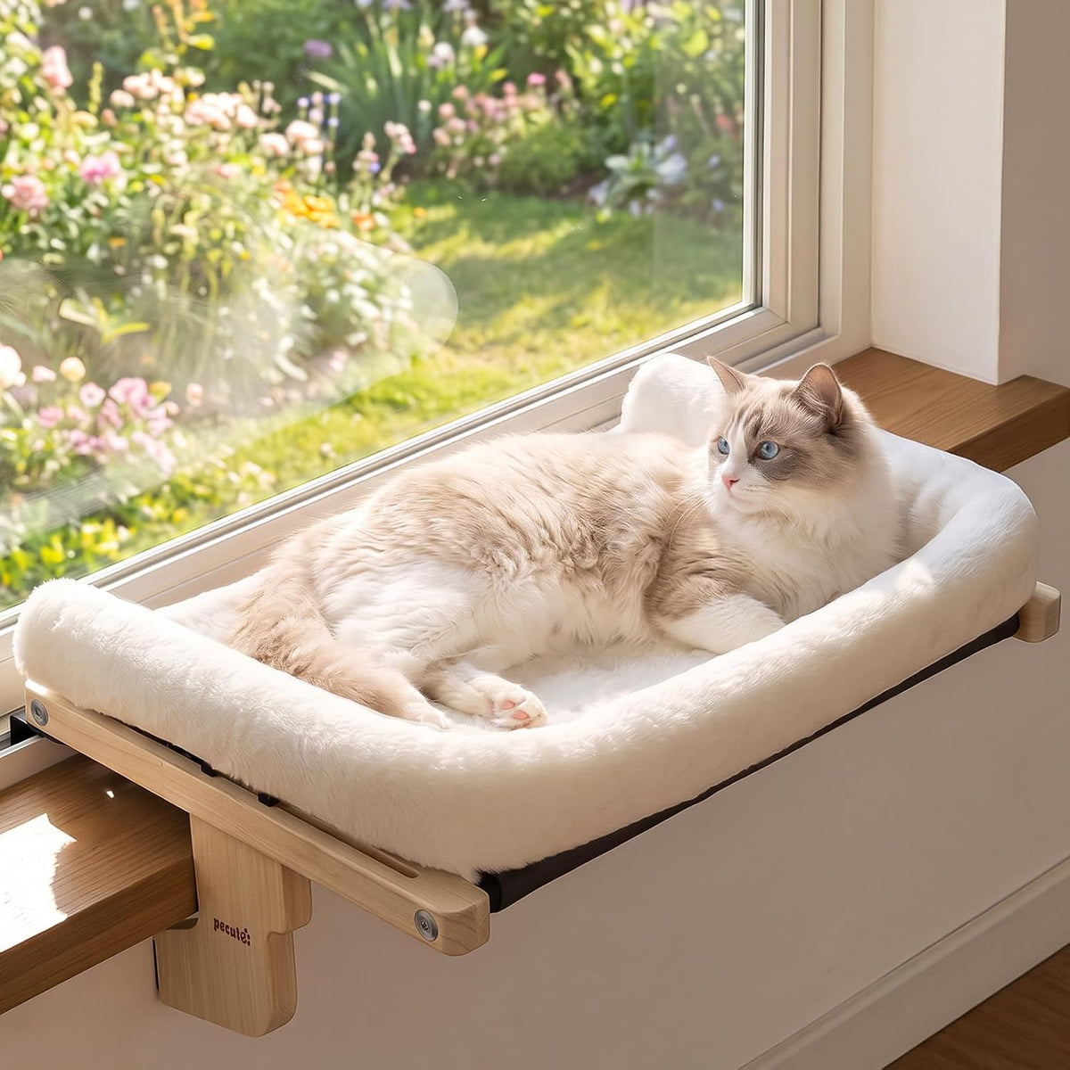 Pecute Cat Windowsill Perch, Cloud-Soft Cat Bed with Wood Frame, 18.9"L