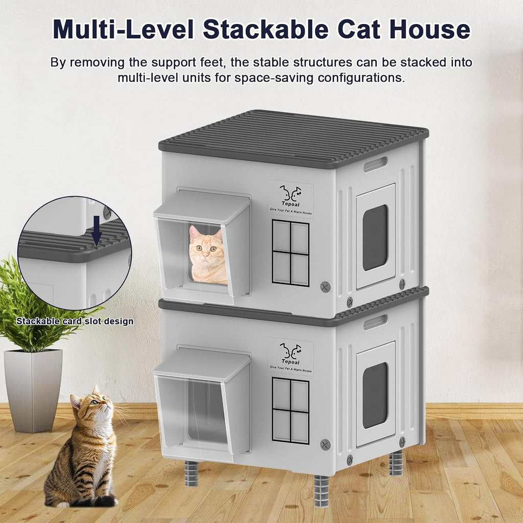 17.7"x17"x17.5" Indestructible Heated Cat House for Outside Winter, Weatherproof Outside Cats Shelter with Safety Escape