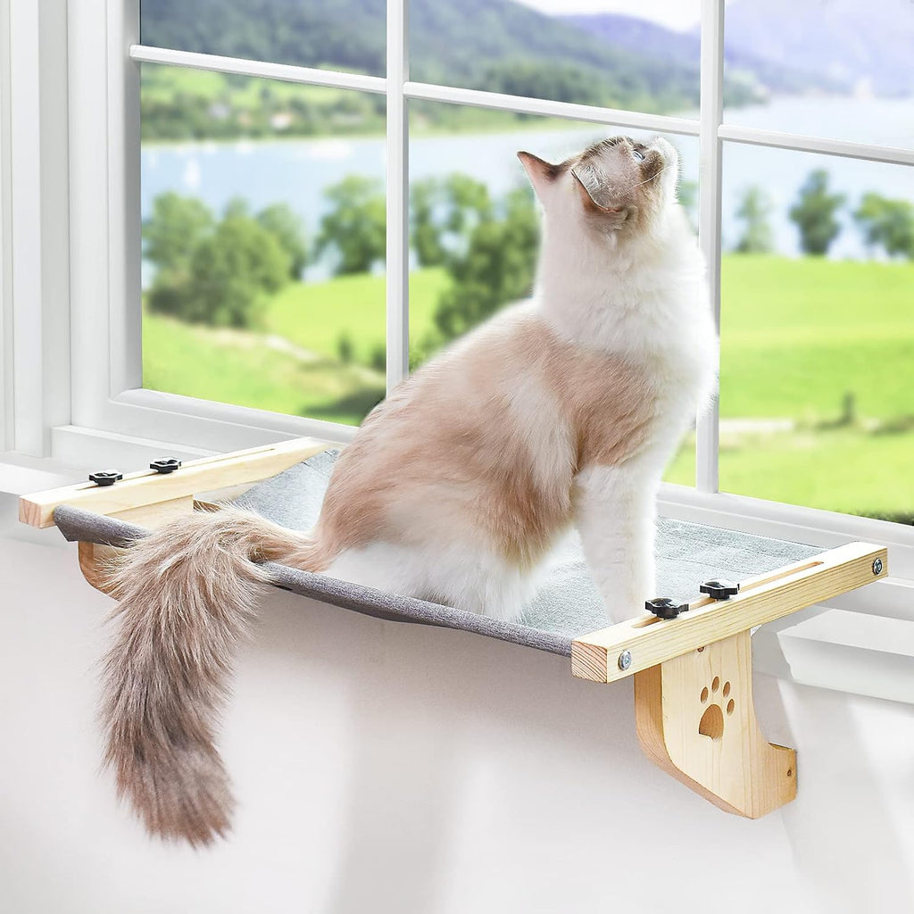 AMOSIJOY Cat Windowsill Perch with Wood & Metal Frame for Large Cat, 21.7in
