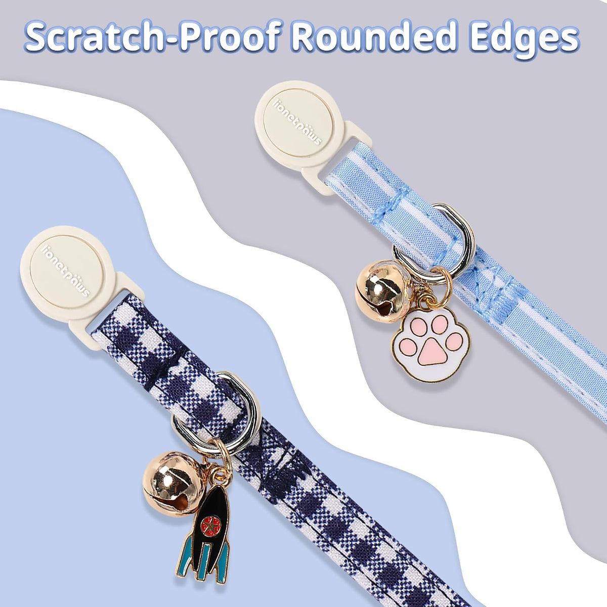 LIONET PAWS 2 Pack Breakaway Cat Collars, Cute Soft Cotton Plaid Gingham & Blue Stripe Kitten Collars with Bell for Boy 