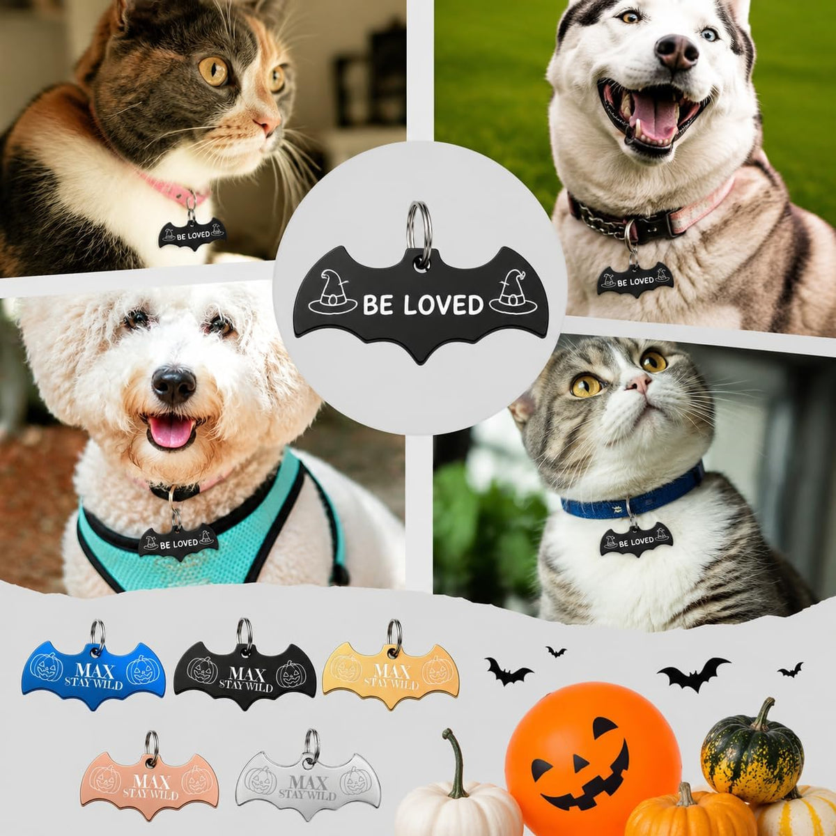 10 pcs Custom Bat Pet ID Tags, Engraved Stainless Steel Dog Cat Tags