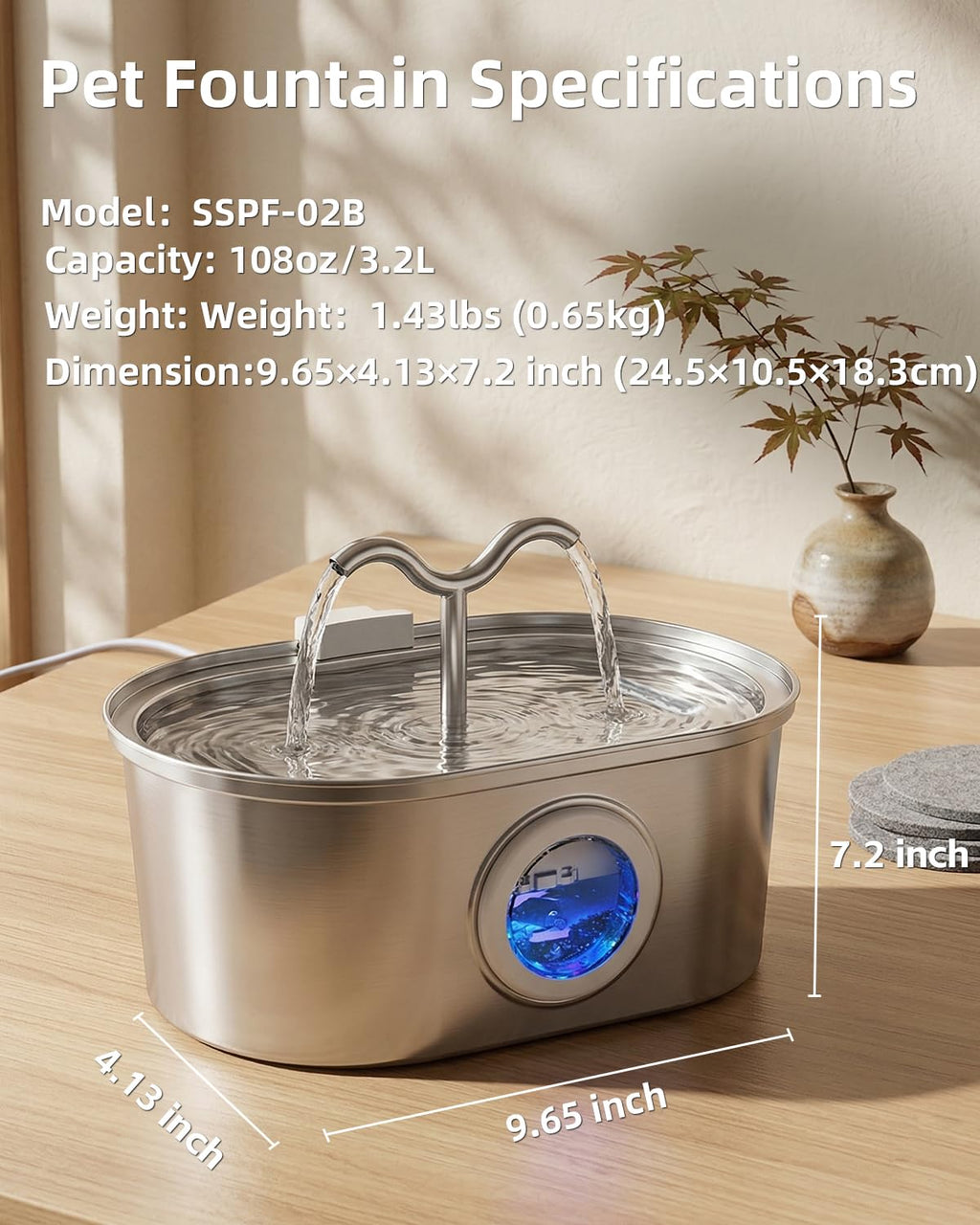 SohoTeco 3.2L/108oz Stainless Steel Cat Water Fountain Pet Fountain