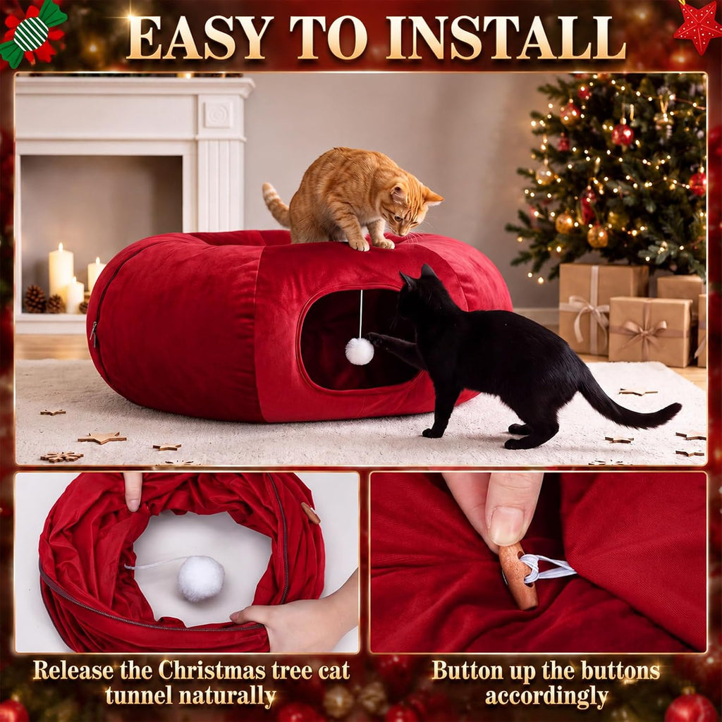 Christmas Tree Cat Tunnel 36in Donut Bed, Red, Velvet, Fluffy