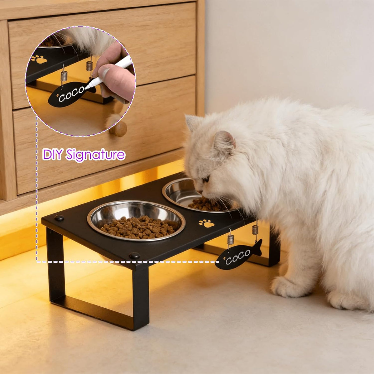 Elevated Cat Bowls with Splash Proof Mat for Kitten Puppy, 10° Tilted Raised Cat Bowl Stand Anti-Vomiting, 2 Wide Shallo