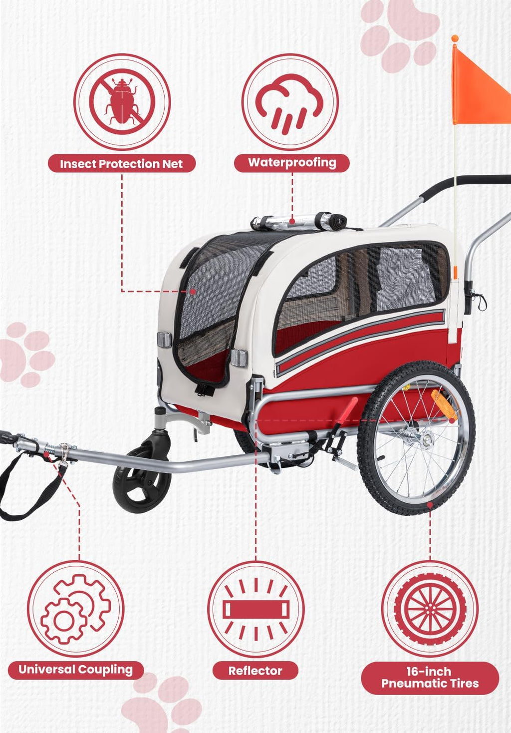 2 in 1 Pet Bicycle Trailer with a 6" Stroller Wheel Suitable for Small and Medium Dogs, Carrier Up to 66/88 LBS, Easy Fo