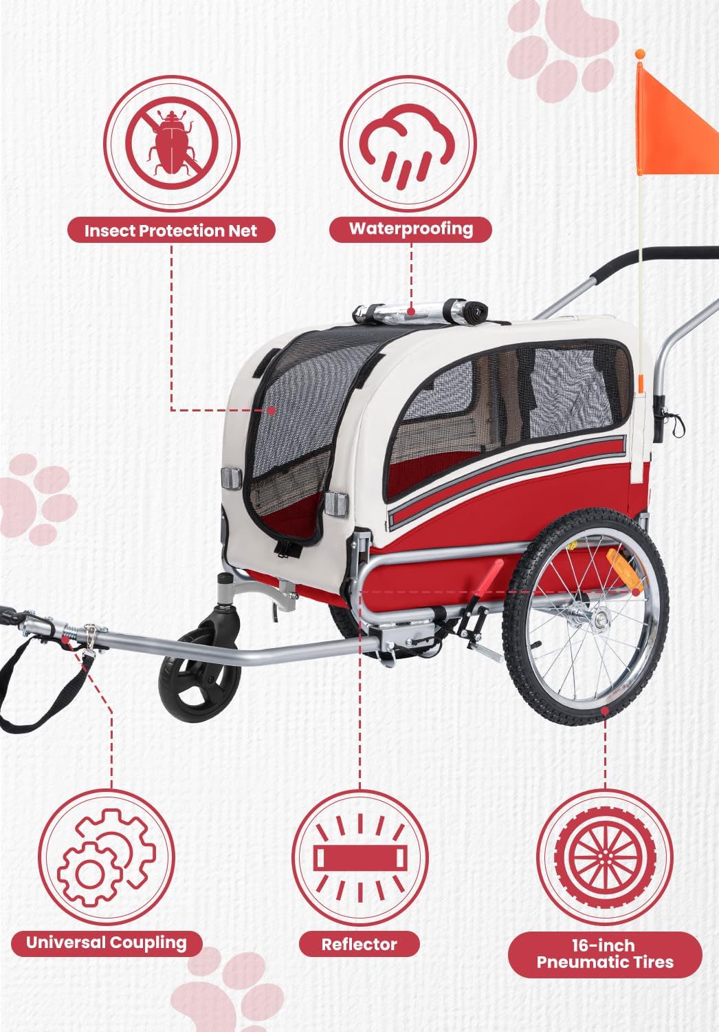 2 in 1 Pet Bicycle Trailer with a 6" Stroller Wheel Suitable for Small and Medium Dogs, Carrier Up to 66/88 LBS, Easy Fo