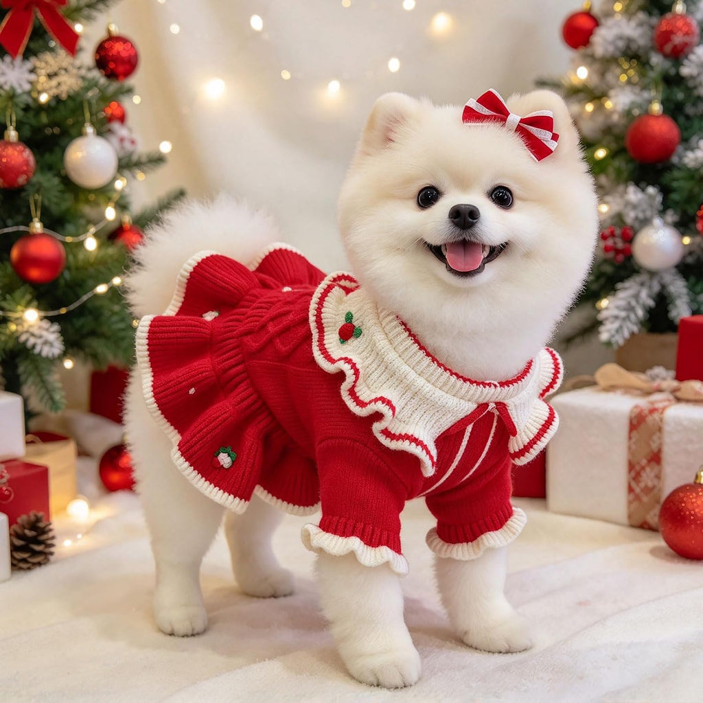 Small Dog Sweater Dress for Girl Puppy Christmas Outfits,Wine Red,S