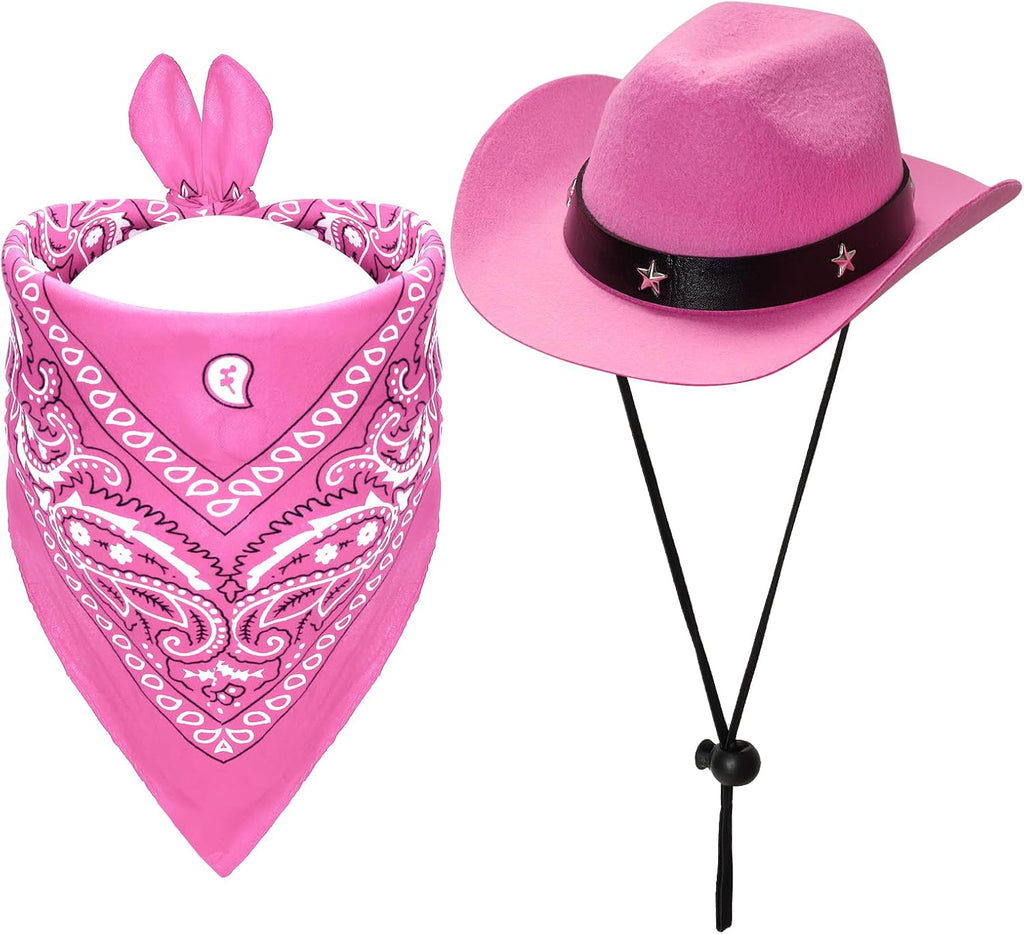 Fumwase Pet Cowboy Costume Hats with Bandana, Pink Hat + Pink, Small