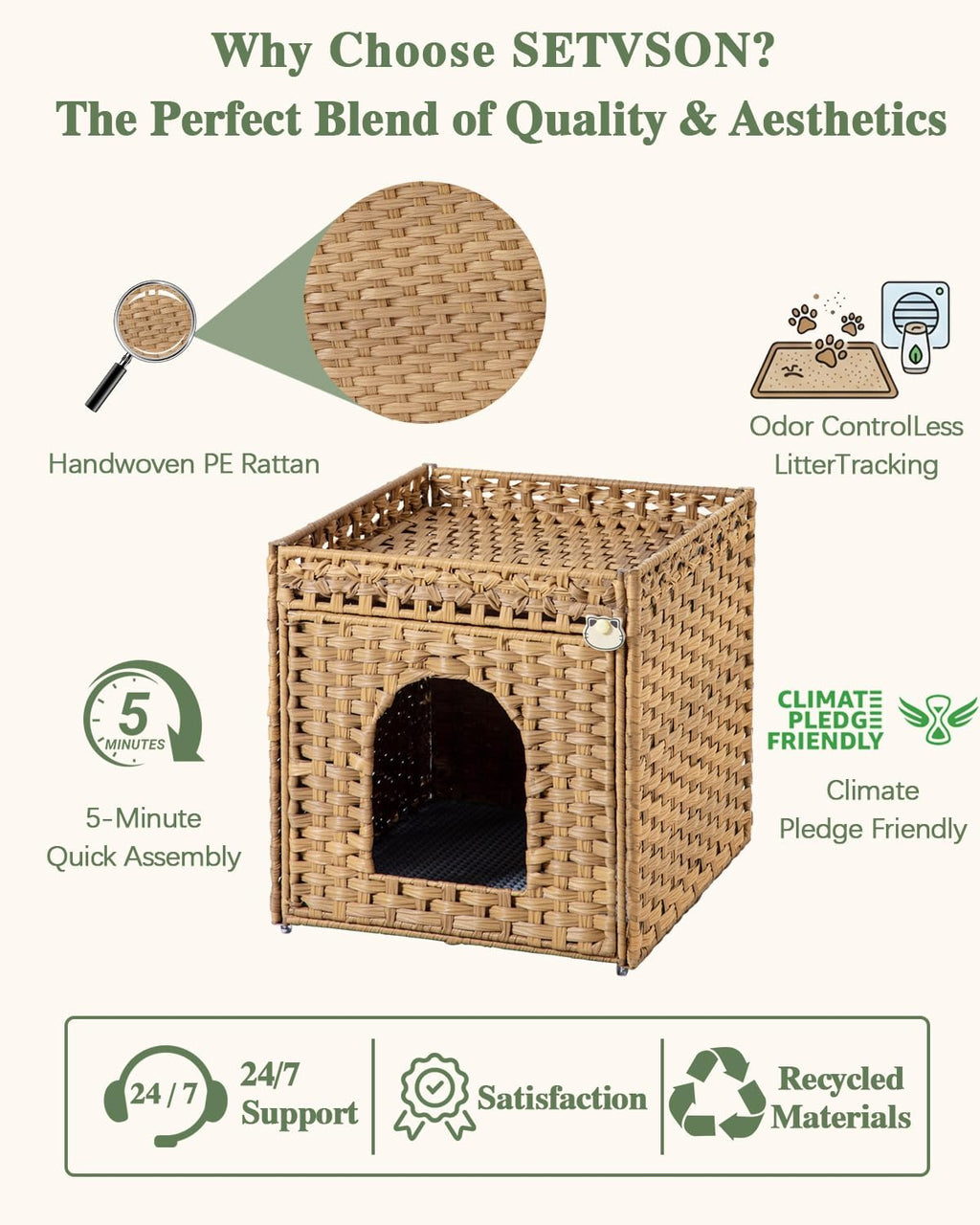 Cat Litter Box Enclosure Furniture, Hidden PE Rattan, Natural