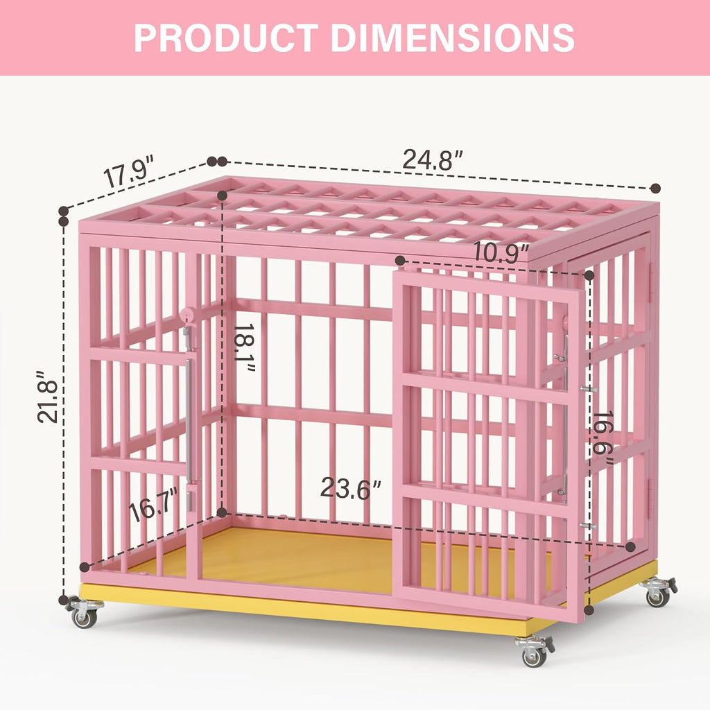 VERIFURTY 24" Heavy Duty Dog Crate, Pink Metal Kennel for Small Dogs