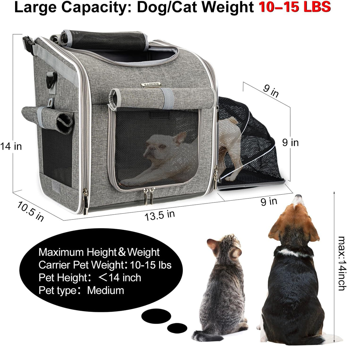 Dog Bike Basket, Expandable Soft-Sided Pet Carrier Backpack with 4 Open Doors, 4 Mesh Windows for Small Dog Cat Puppies 