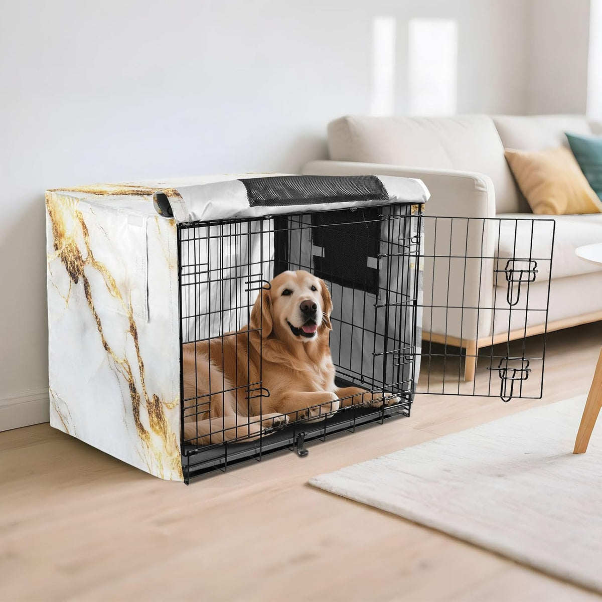YETTASBIN White Gold Marble Dog Crate Cover, Universal Fits 36 Inch Wire Cages