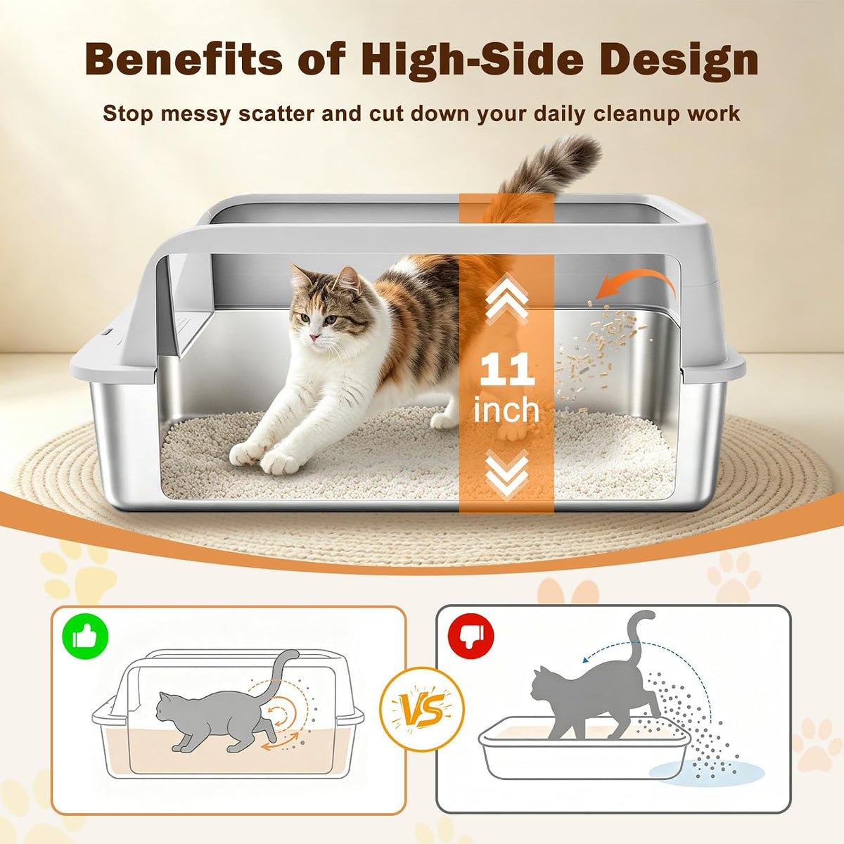 AIPERRO Stainless Steel Litter Box with Lid | XL Metal Enclosed Cat Litter Boxes with High Sided for Big Cats | Anti-Uri