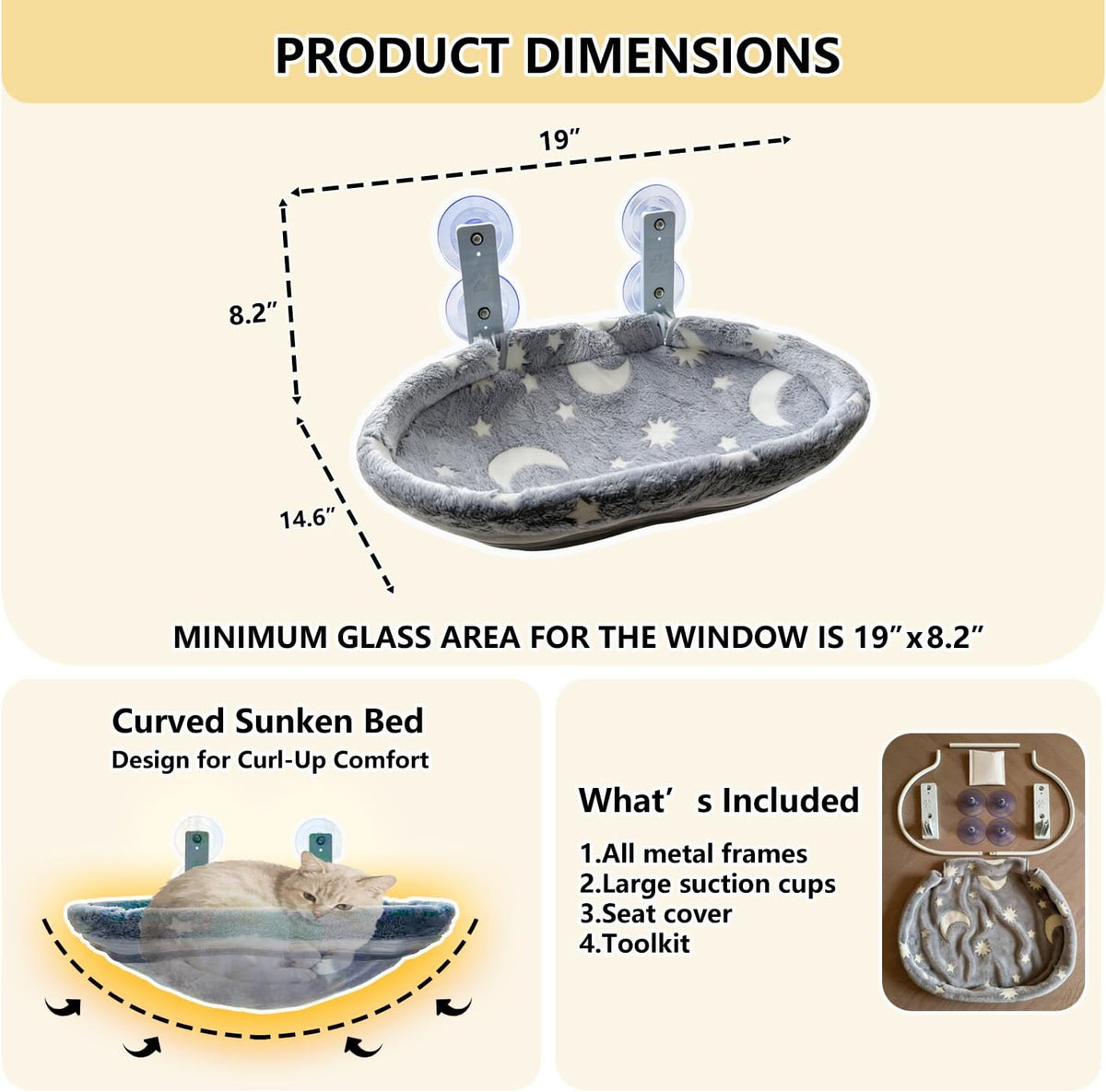 Cat Window Perch Hammock - Glow in the Dark Cordless Foldable Pet Bed with Sturdy Metal Frame & Strong Suction Cups, Sta