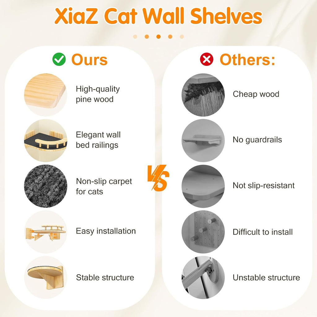 XiaZ Cat Wall Shelves, Corner Cat Shelf with 3 Wide Perch Steps, Kitty Wall Climber Wooden Furniture up to 25lbs, Modern