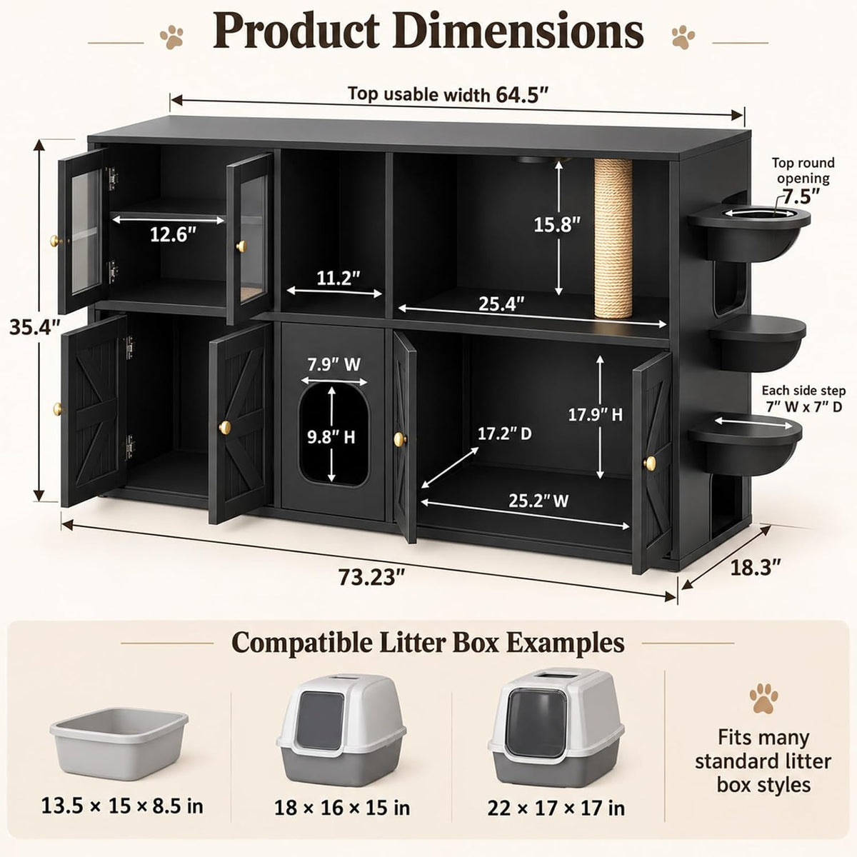 74" Double Cat Litter Box Furniture with Storage, Black
