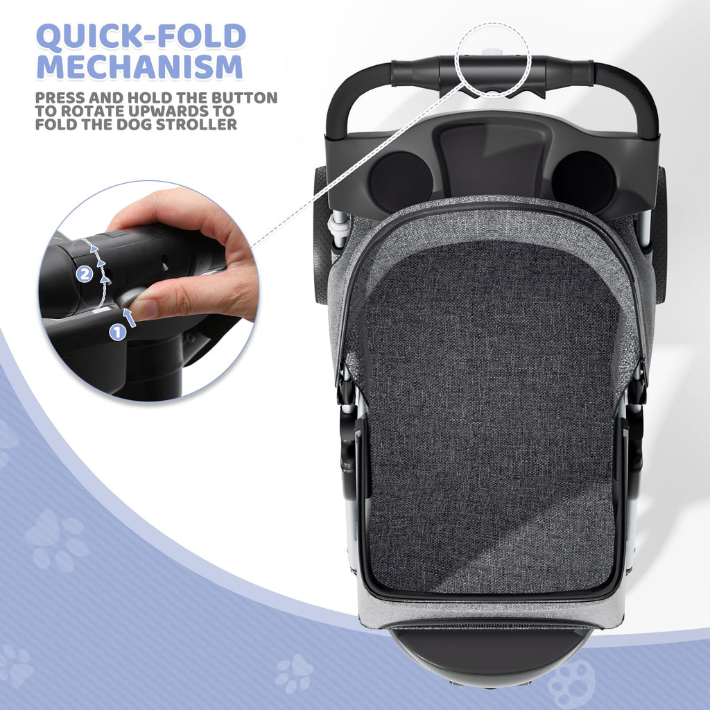 Magshion 3-Wheel Pet Stroller for Small/Medium Dogs Cats, Up to 33lbs, Gray