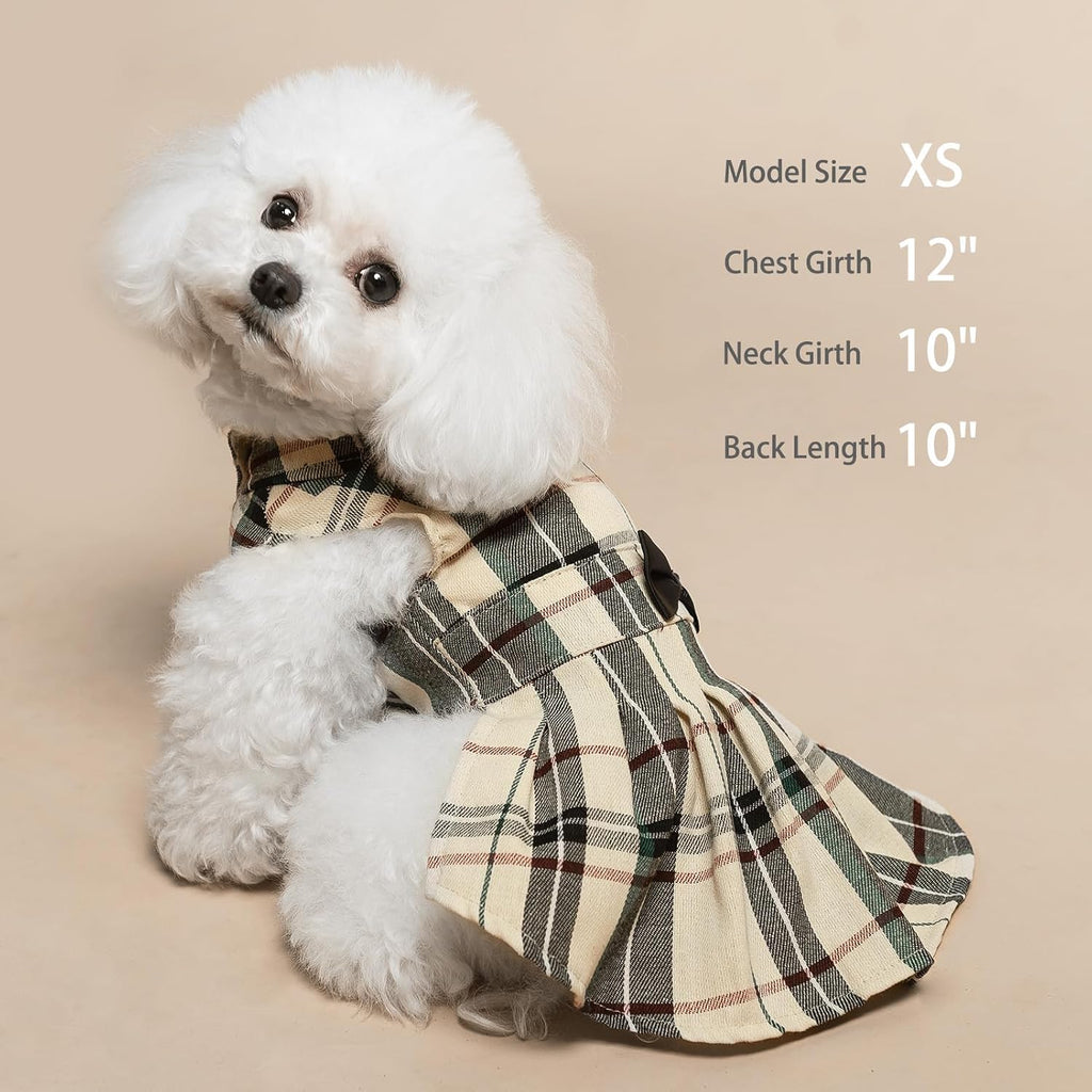 PUPTECK Classic Beige Plaid Dog Dress with Bow Puppy Skirt Clothes S
