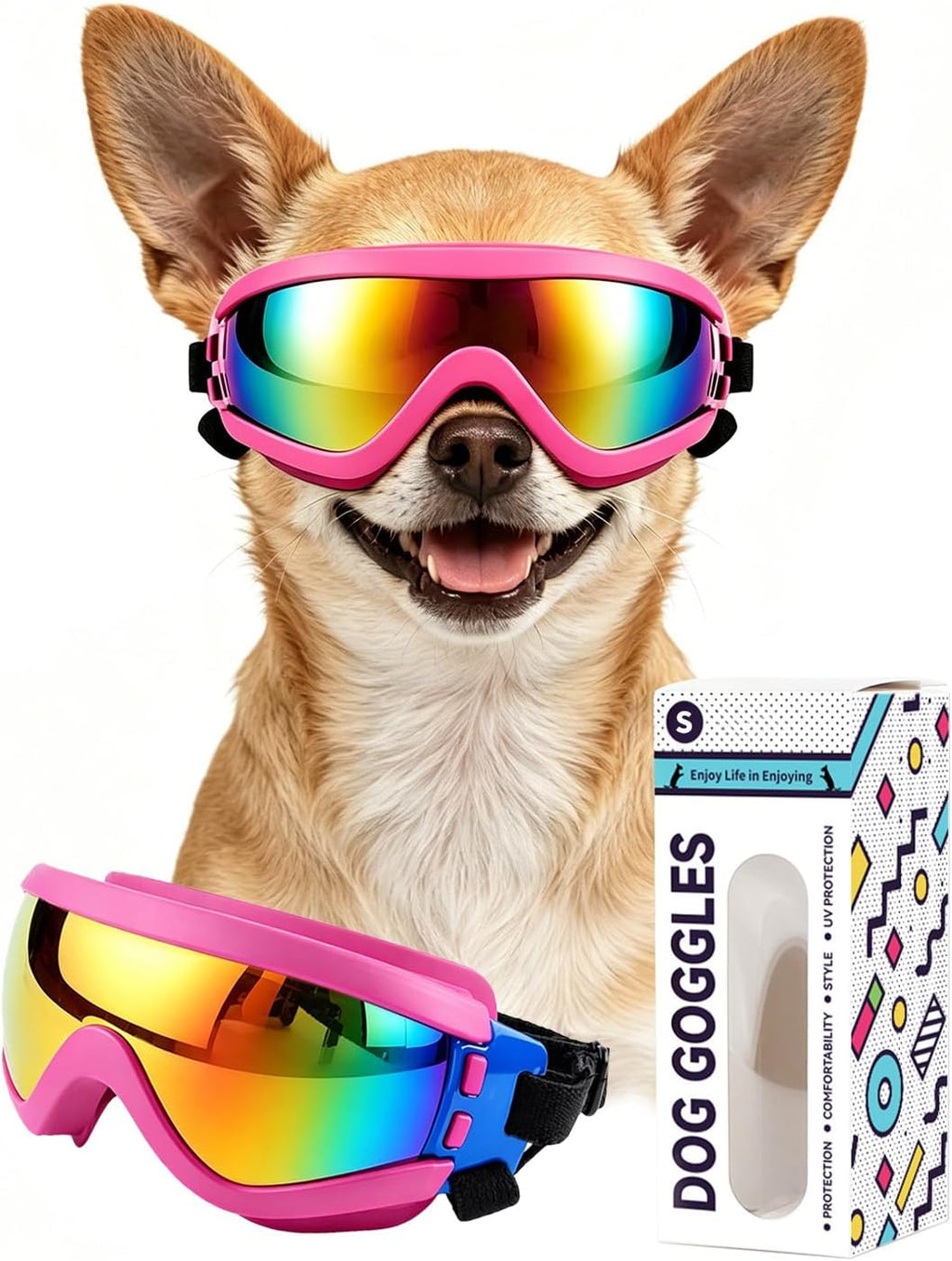 Dog Goggles for Medium to Large Breeds, Anti-UV Waterproof Windproof Dog Sunglasses with Adjustable Straps, Anti-Fog Ven