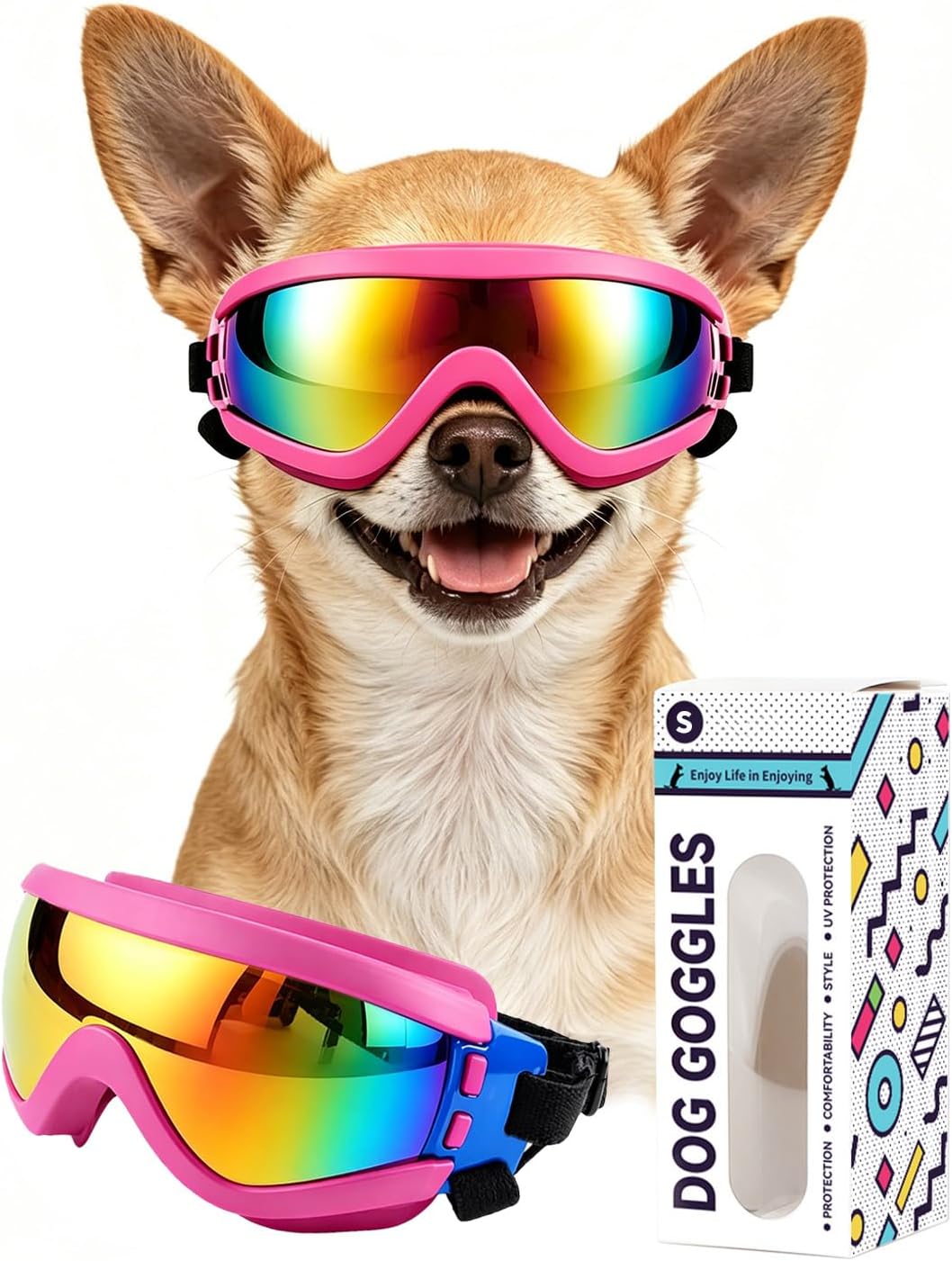Dog Goggles for Medium to Large Breeds, Anti-UV Waterproof Windproof Dog Sunglasses with Adjustable Straps, Anti-Fog Ven