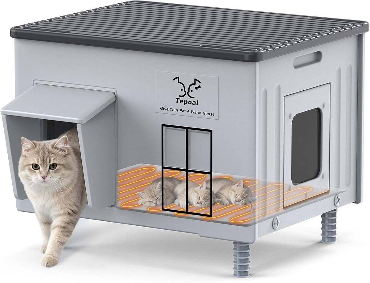 17.7"x17"x17.5" Indestructible Heated Cat House for Outside Winter, Weatherproof Outside Cats Shelter with Safety Escape
