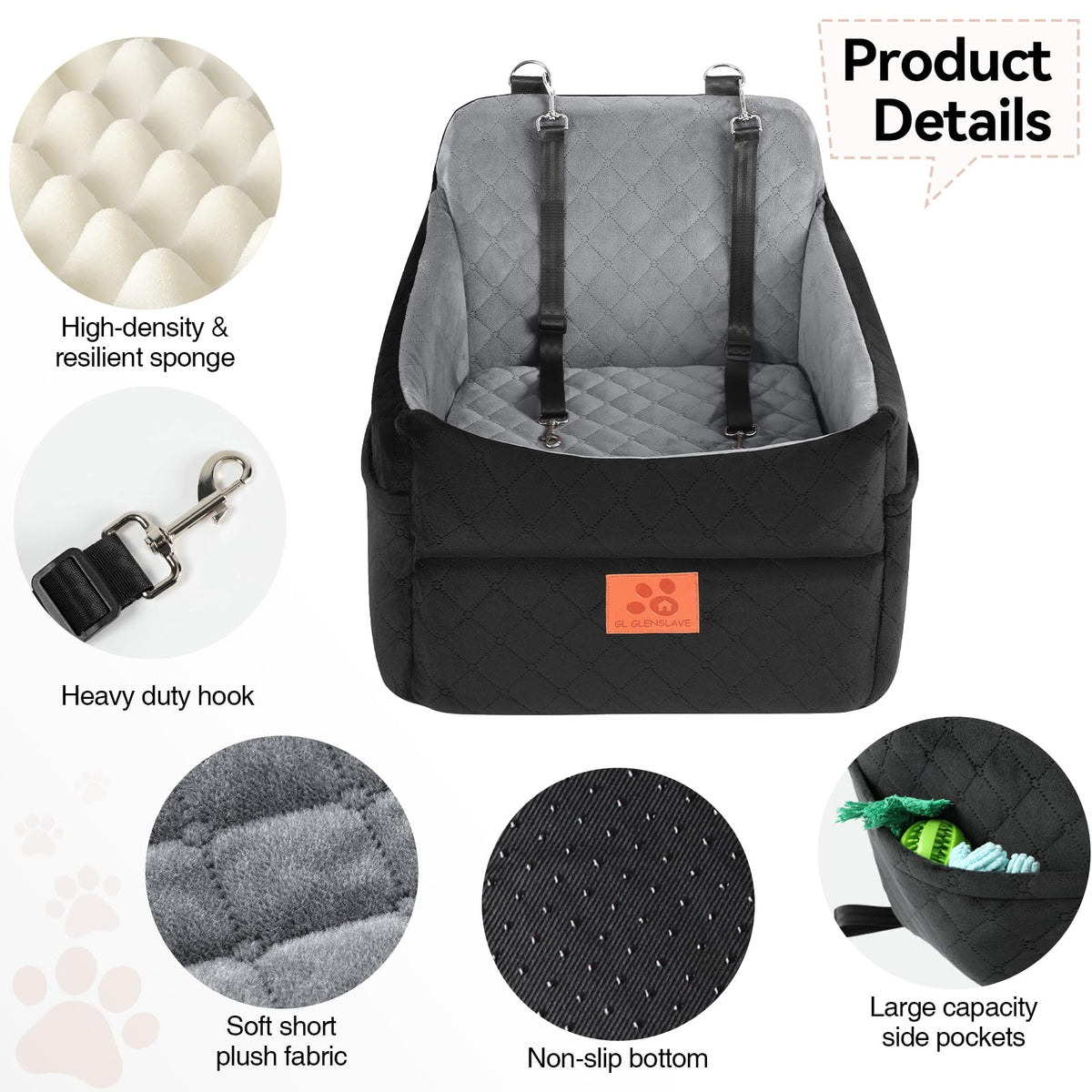 GL GLENSLAVE Dog Car Seat for Small/Medium Dogs, Dog Booster Car Seats with Thick Cushion for Dogs Under 35lbs, Detachable Washable Pet Carseat with Storage Pockets, 2 Safety Belts(Black/Grey)