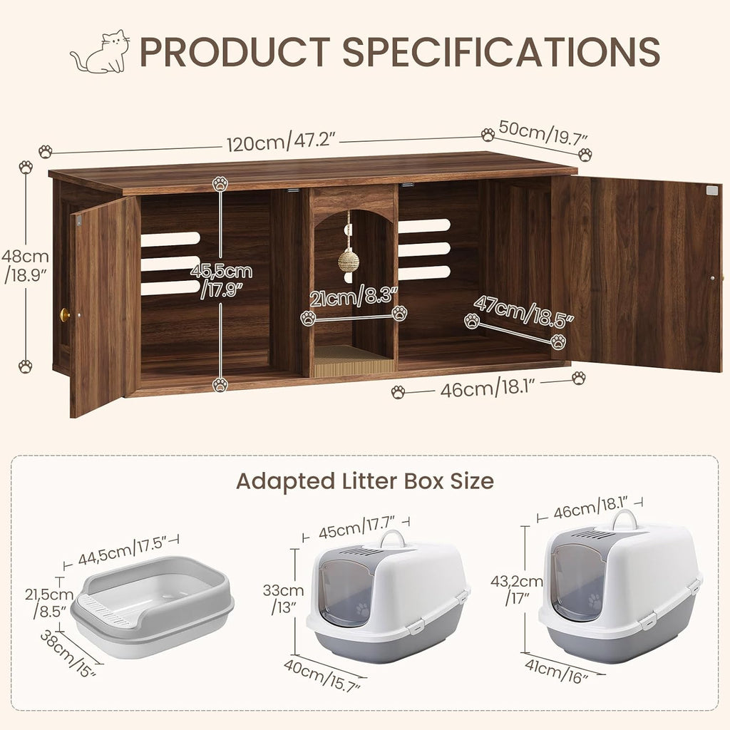 CHOEZON 47.2'' Cat Litter Box Enclosure for 2 Cats with Scratch Pad, Walnut