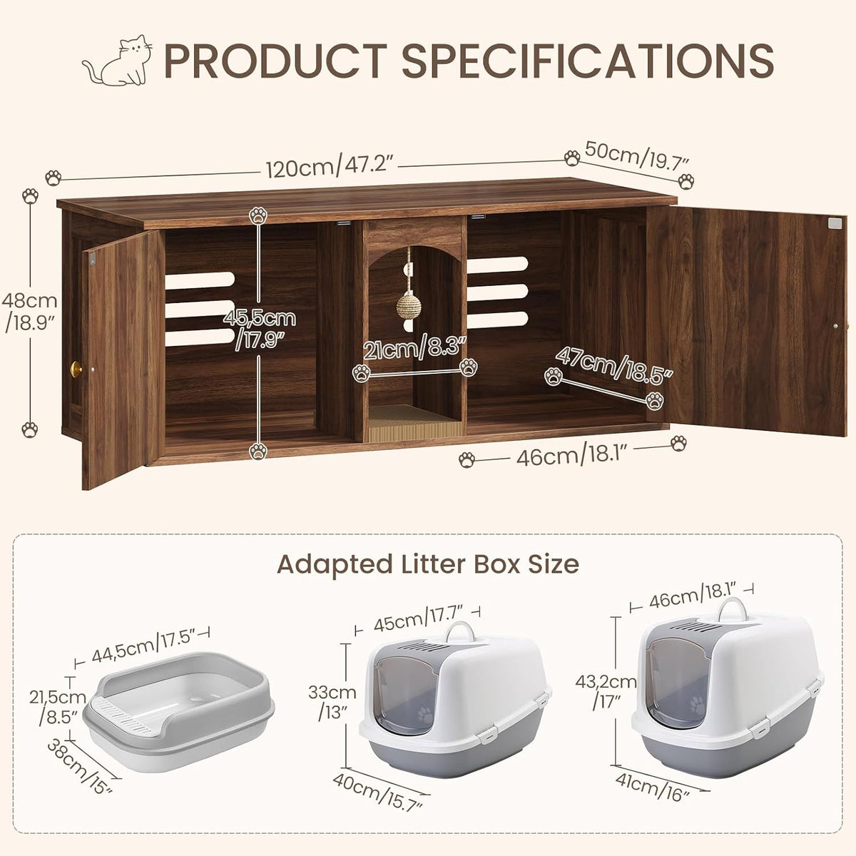 CHOEZON 47.2'' Cat Litter Box Enclosure for 2 Cats with Scratch Pad, Walnut
