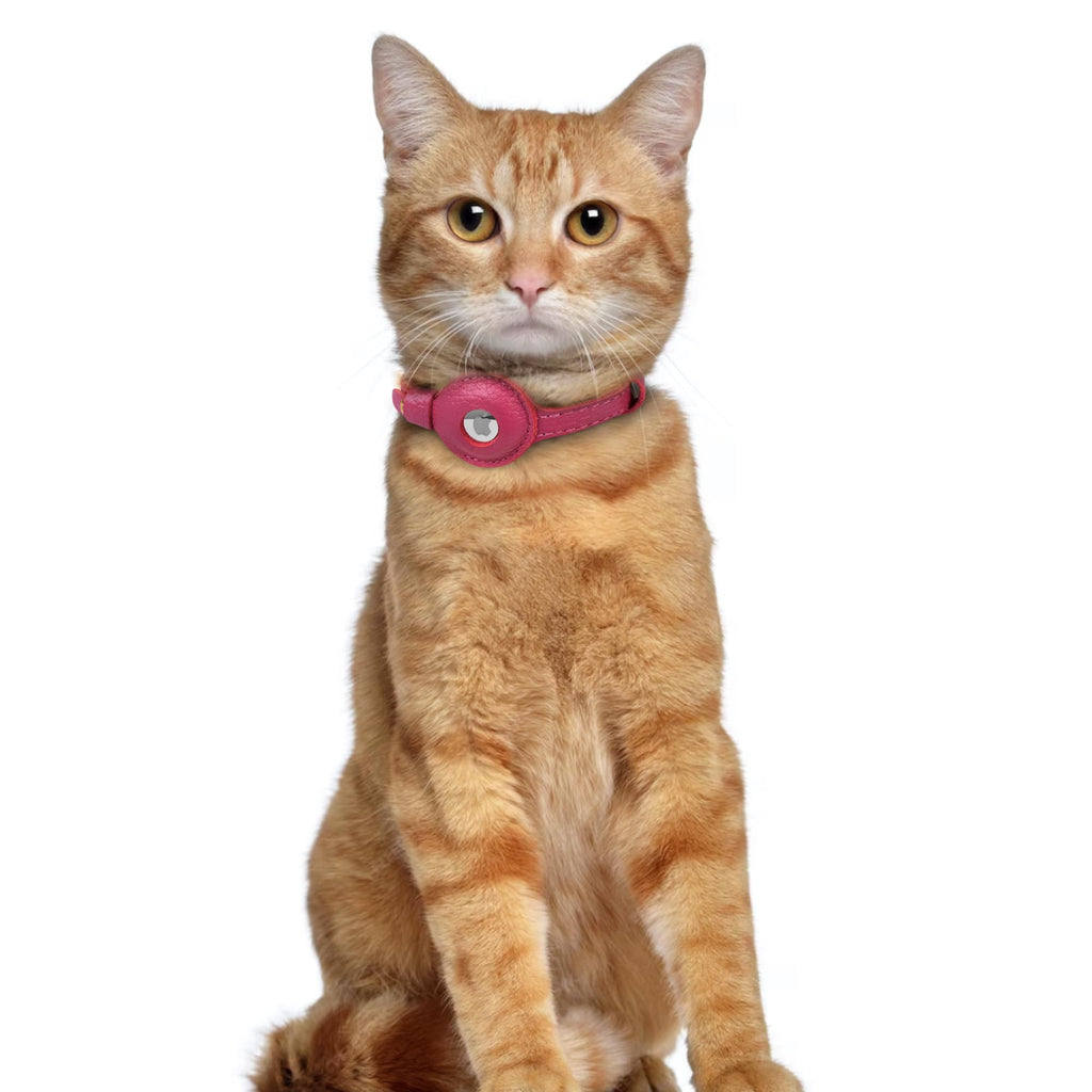 OOPSDOGGY Leather AirTag Cat Collar with Bell - Non Breakaway Kitten Collar with Apple Air Tag Holder - Lightweight GPS Pet Collars for Girl Boy Cats, Small Dogs, Puppies (Pink)
