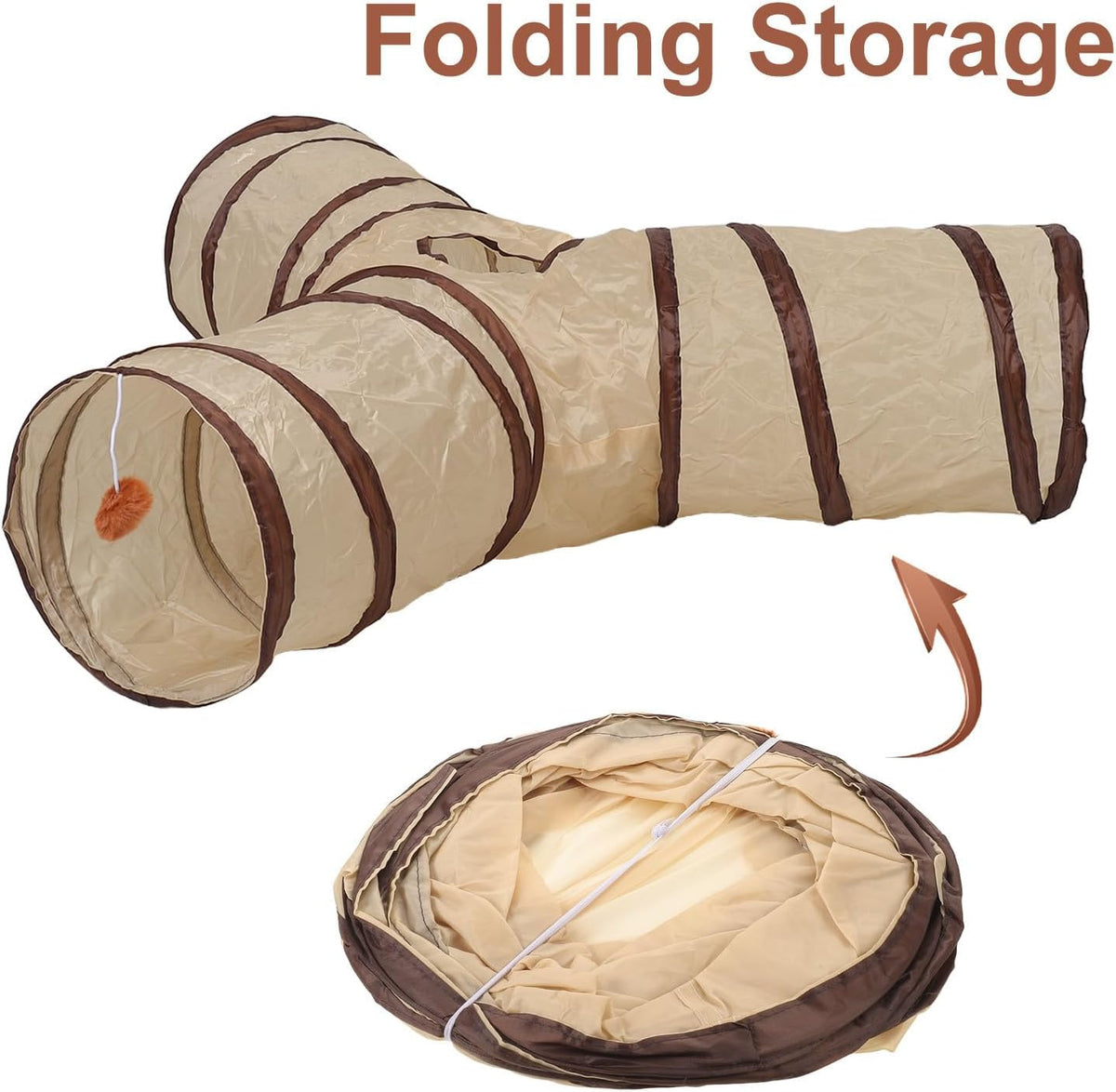 Collapsible Cat Play Tunnel Toy 3 Way 4 Hole Beige Polyester