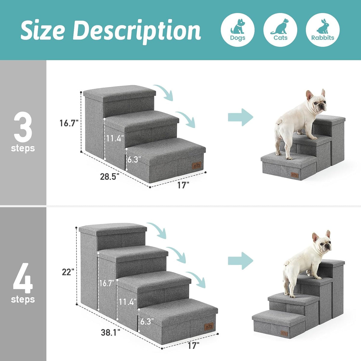COZY KISS Dog Stairs with Storage, 16.7" H Wider Dog Steps, 3-Step