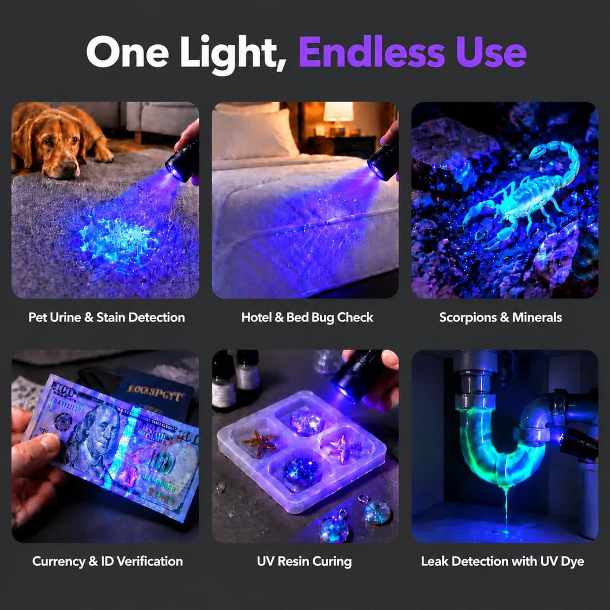 2 Pack 12 LED UV Flashlight Mini Black Light for Pet Urine Detection