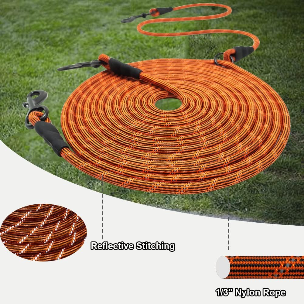 BTINESFUL 12/20/30/50FT Reflective Dog Tie Out for 2 Dogs, 1/3" Nylon Rope