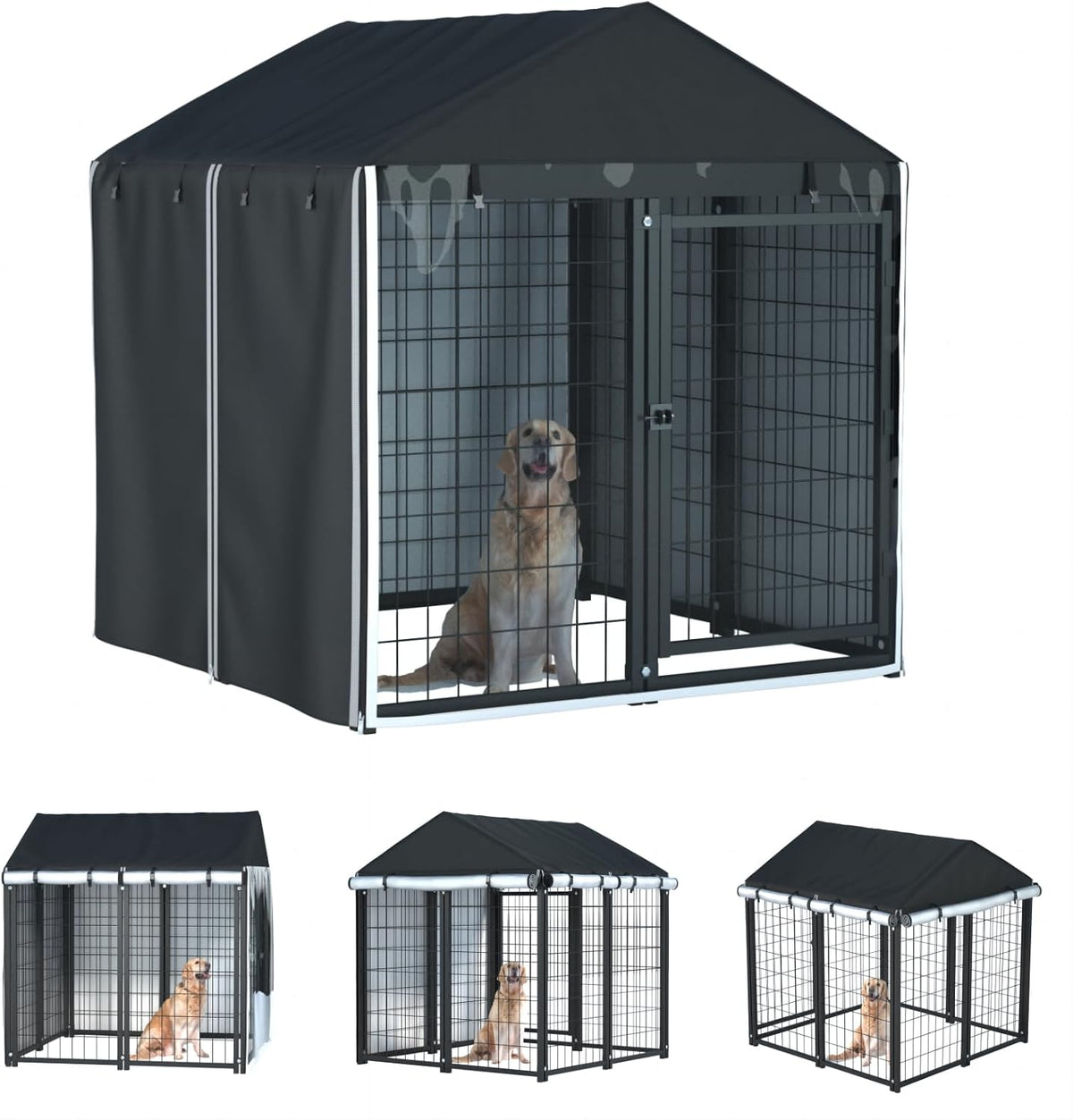 Outdoor Dog Kennel Cover, 8'Dx4'Wx6'H, Full Coverage Black