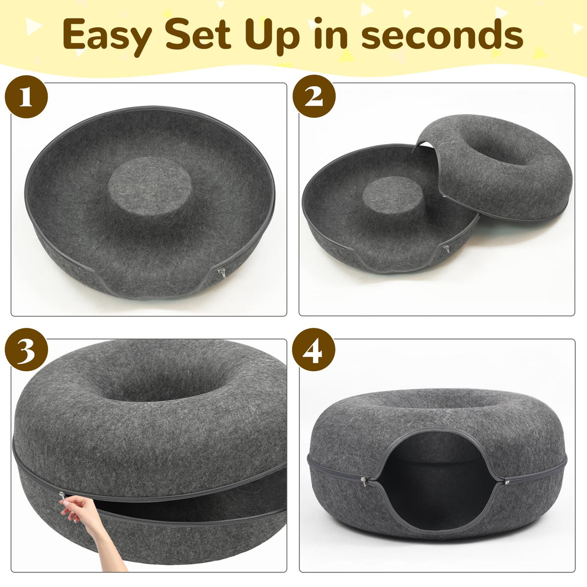 Large Peekaboo Cat Cave Donut Tunnel 24" for Indoor Cats, Dark Grey