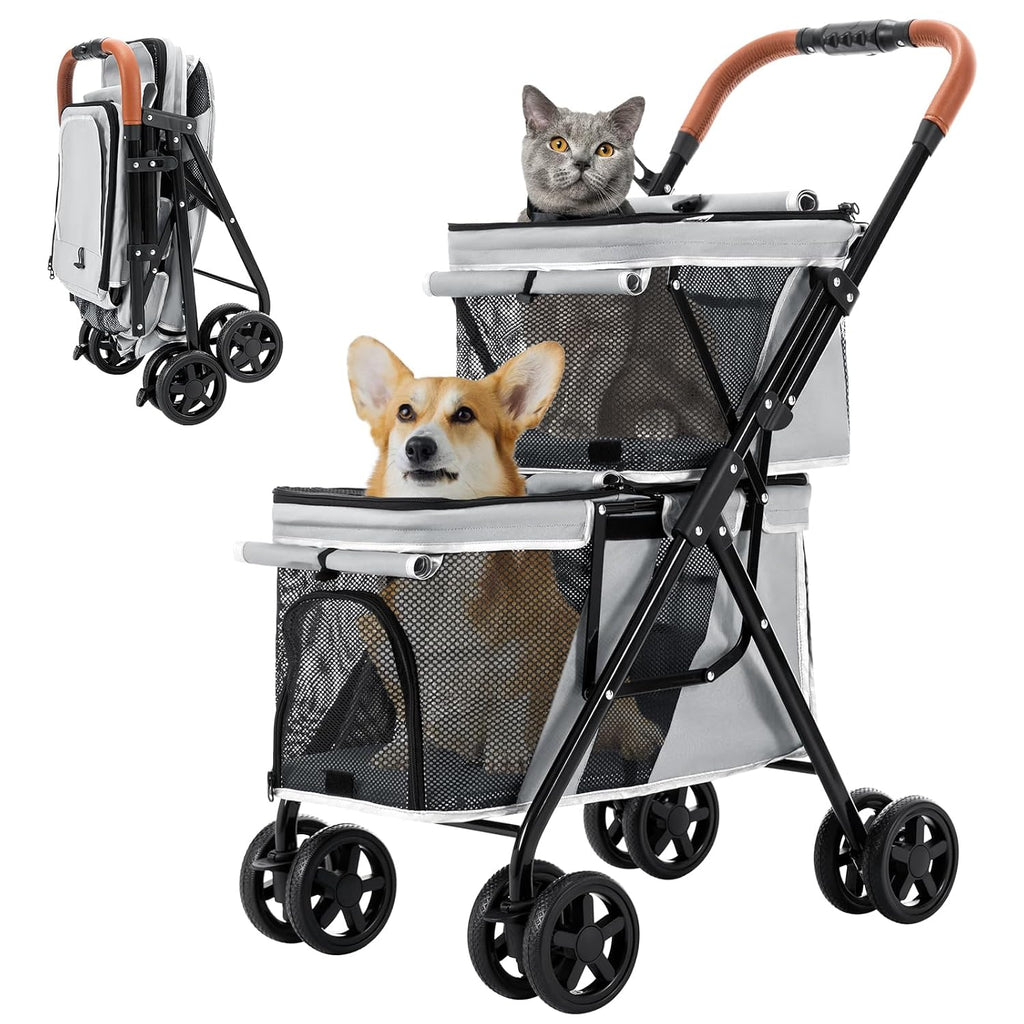 Double Pet Stroller for 2 Dogs & Cats, Double-Decker, Blue