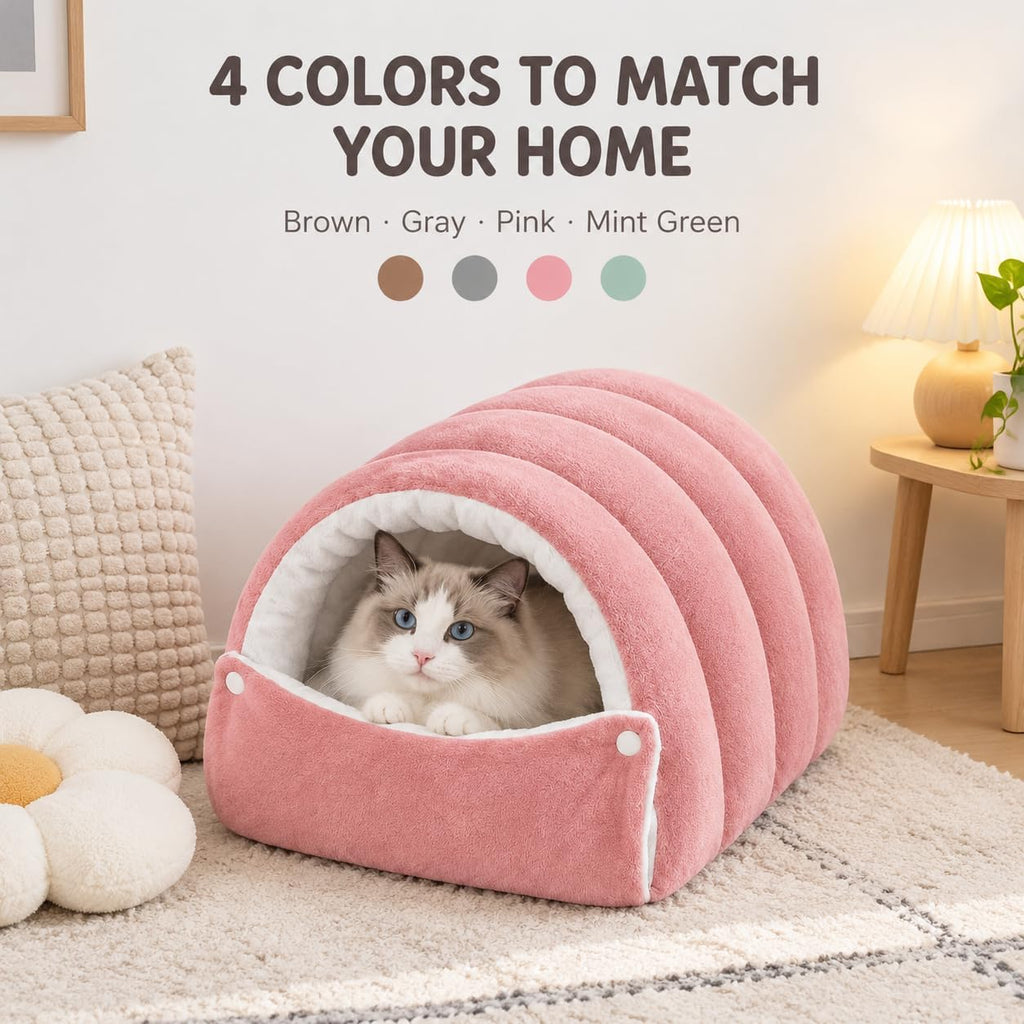 Hooded Cat Cave Bed with Removable Washable Cushion, Warm Plush，Green：M:18.9 x 11.8 x 7.9 inch