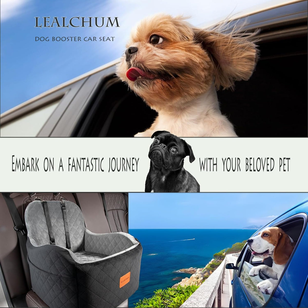 Lealchum Dog Booster Car Seat for Small/Medium Dogs,6in Memory Foam Elevated Cushion,Fully Detachable and Washable,2 Cli