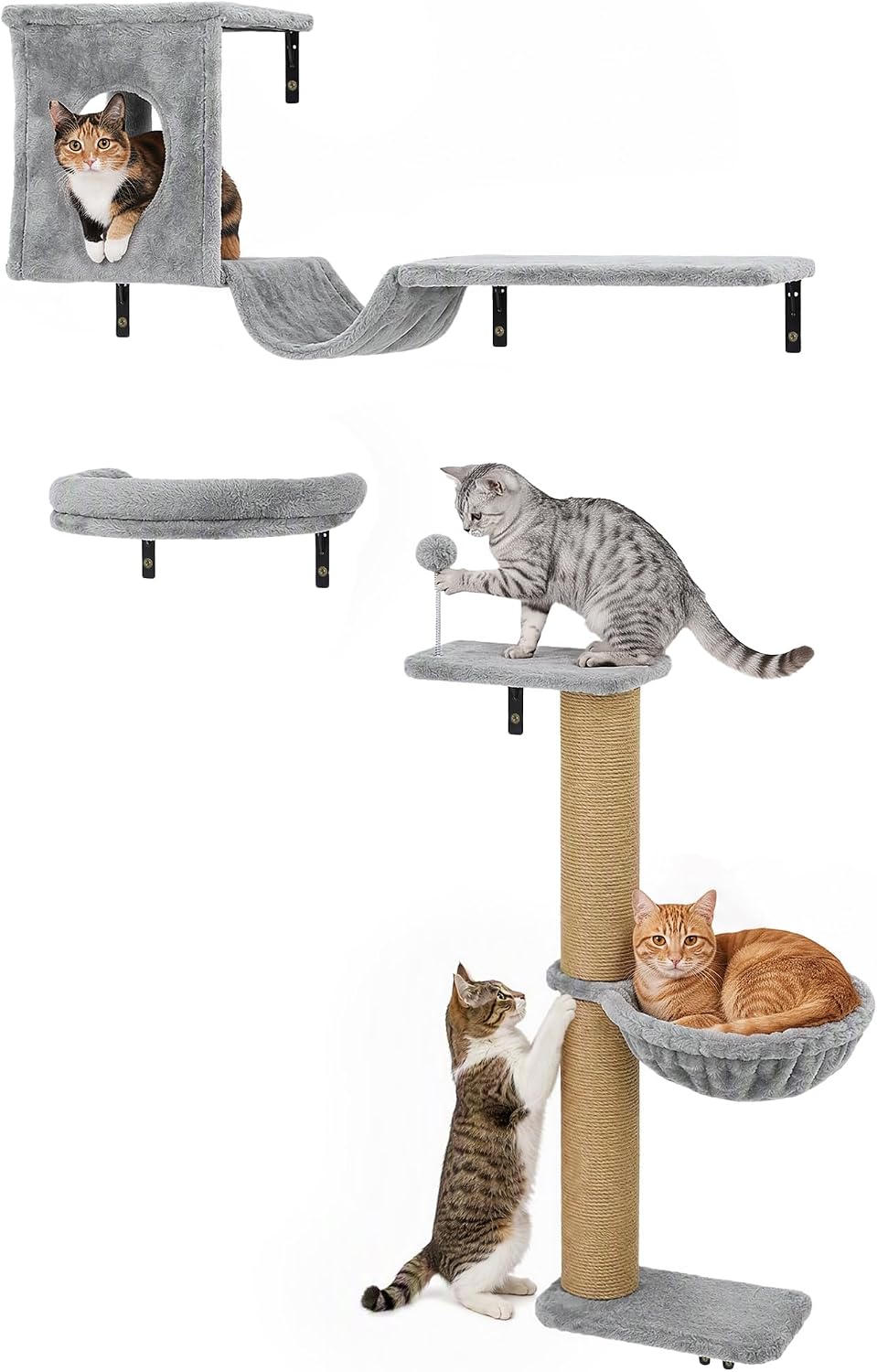 PawHut 3-in-1 Cat Wall Shelves, Wooden Cat Climbing Furniture, Gray